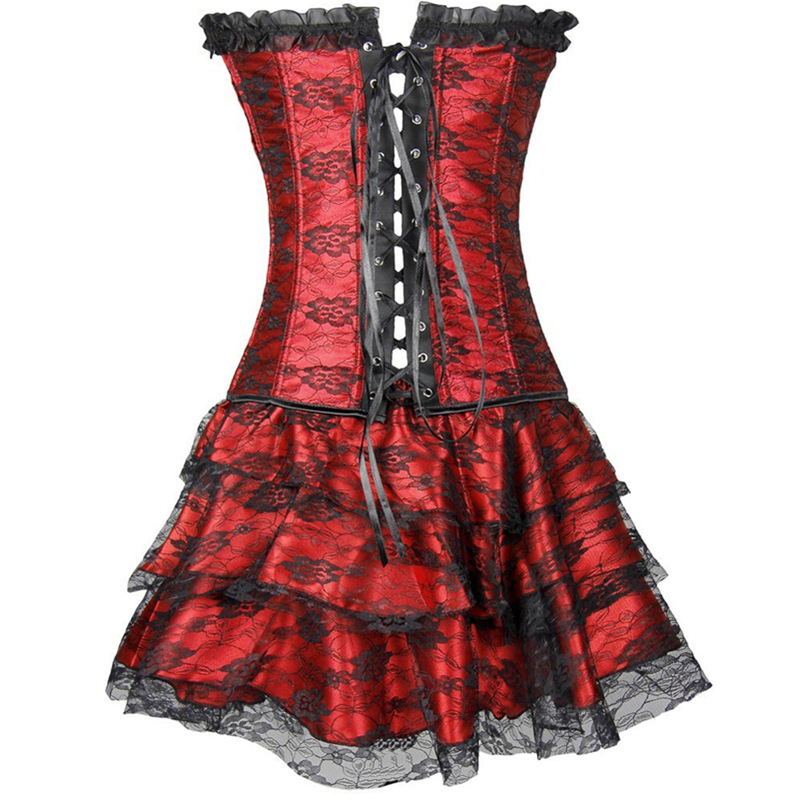 F3243-4 Red Women Layered Lace Up Bone Corsets Floral Corset